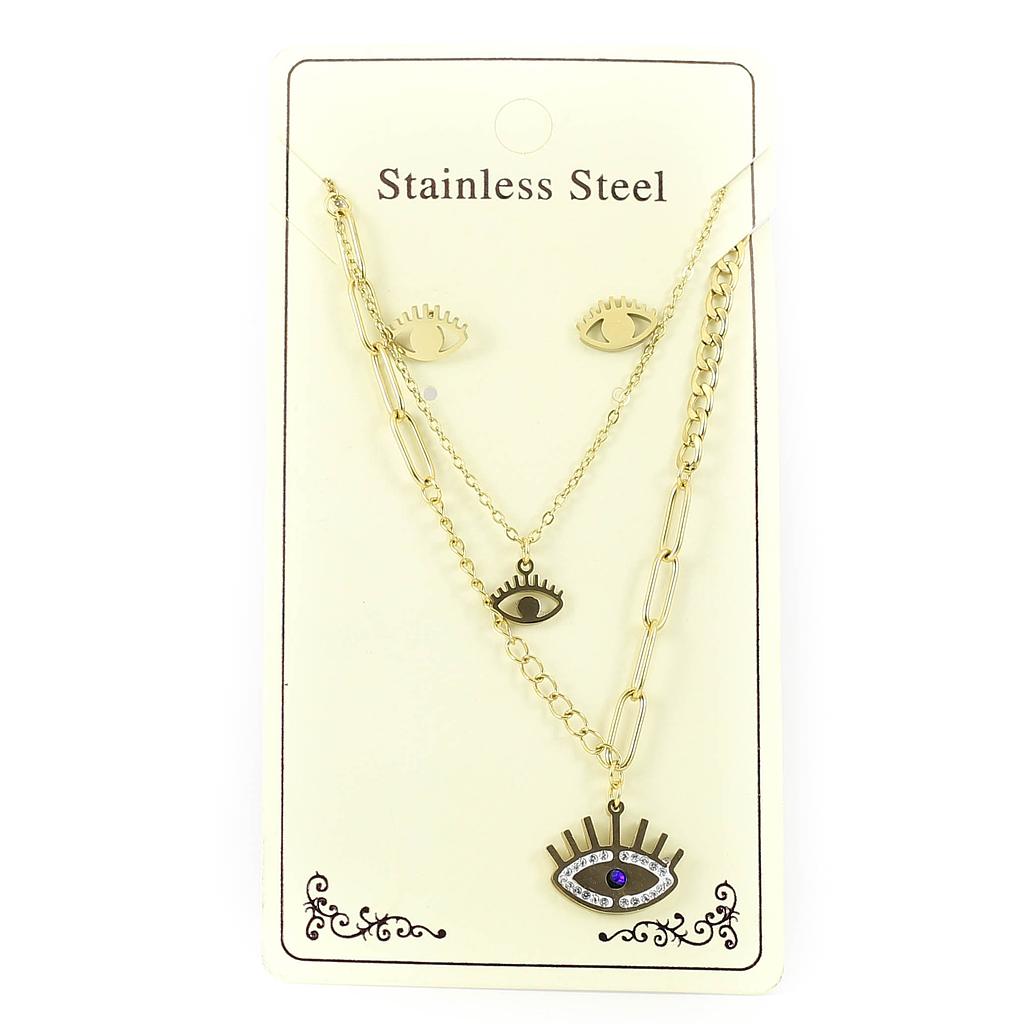 COL160813 Juego Acero de Collar y aretes Cadena mixta ojo de pestaña con brillos