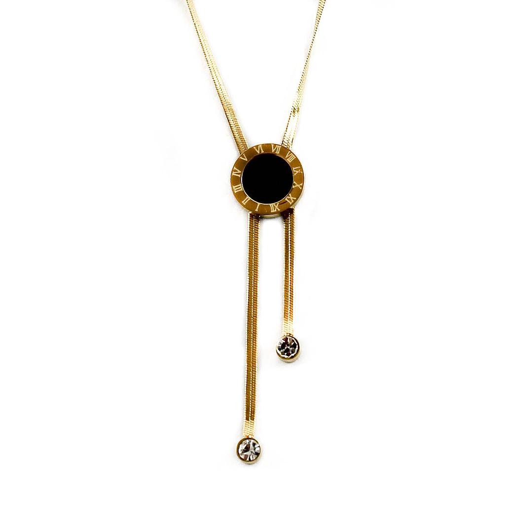COL160862 Collar Acero Dorado pecho de cocodrilo con piedra negra