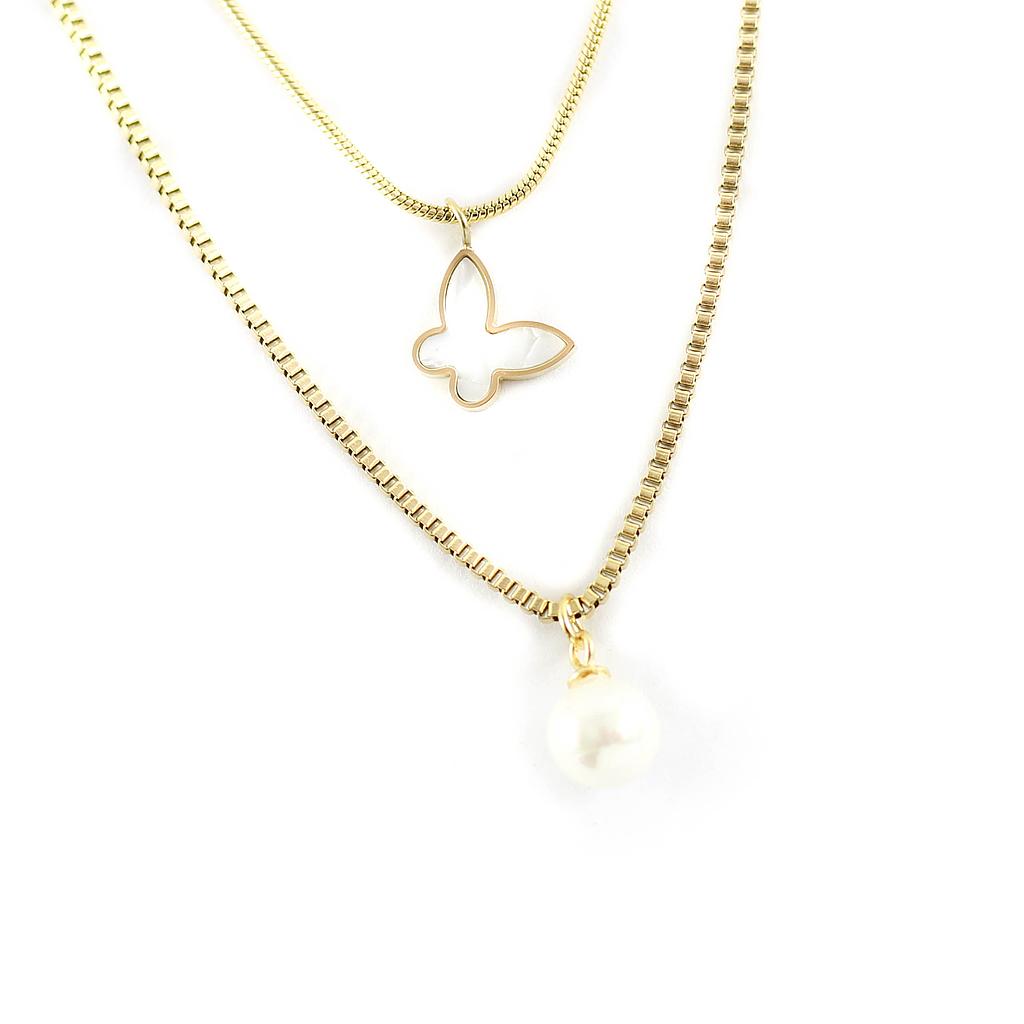 COL160839 Collar Acero Dorado cadena mixta perla y mariposa