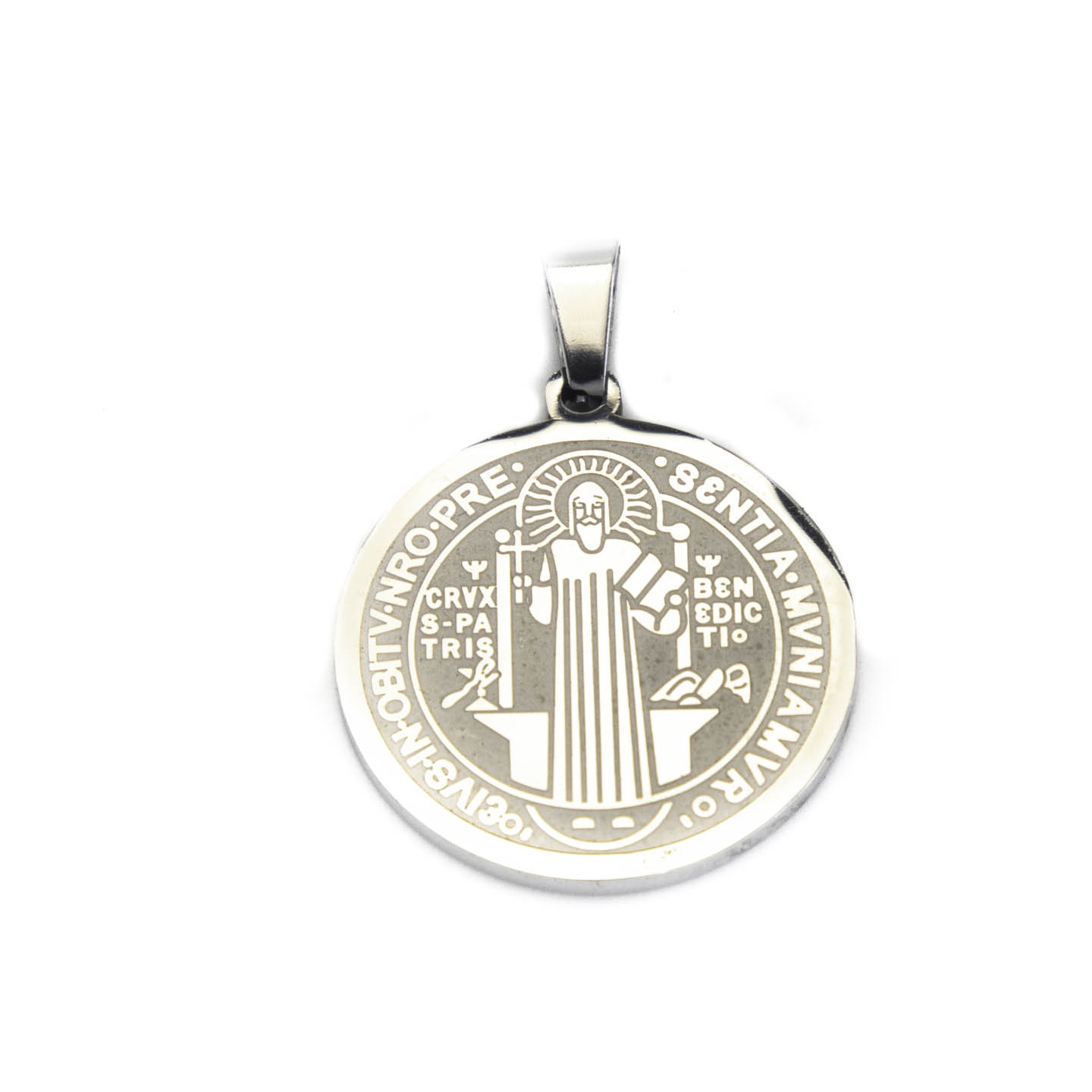JE06 Dije Acero Dorado y Plateado de San Benito 2.5 cm